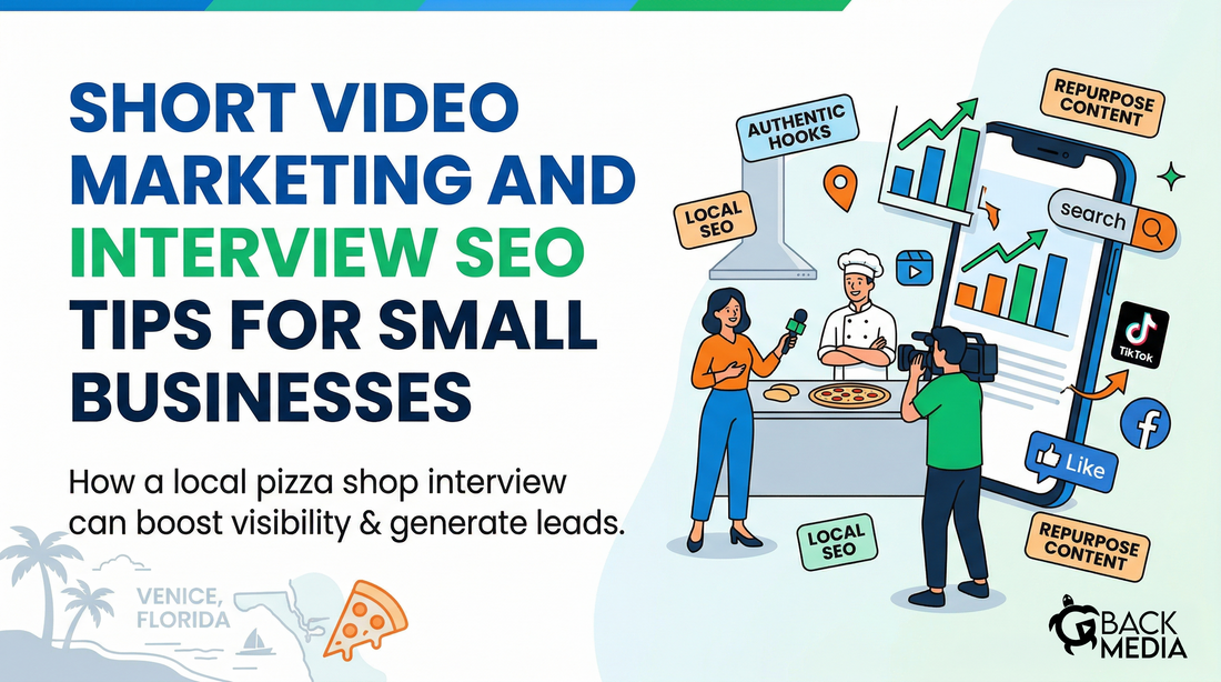 Gemini said A marketing banner for small businesses detailing short video and interview SEO tips, illustrated with a pizza kitchen interview and marketing analytics.