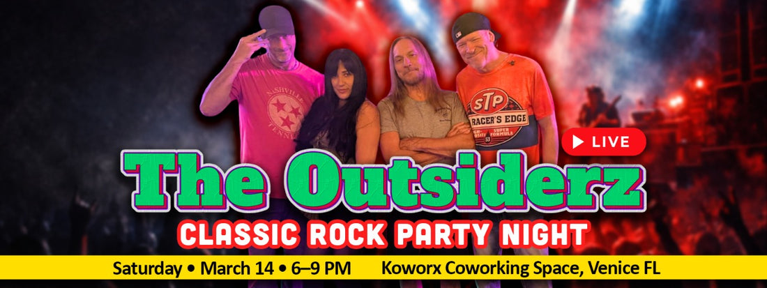 Banner showing The Outsiderz band photo with “Classic Rock with The Outsiderz,” Venice FL party rock night, Saturday March 14, 2026