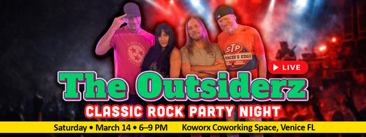 Banner showing The Outsiderz band photo with “Classic Rock with The Outsiderz,” Venice FL party rock night, Saturday March 14, 2026